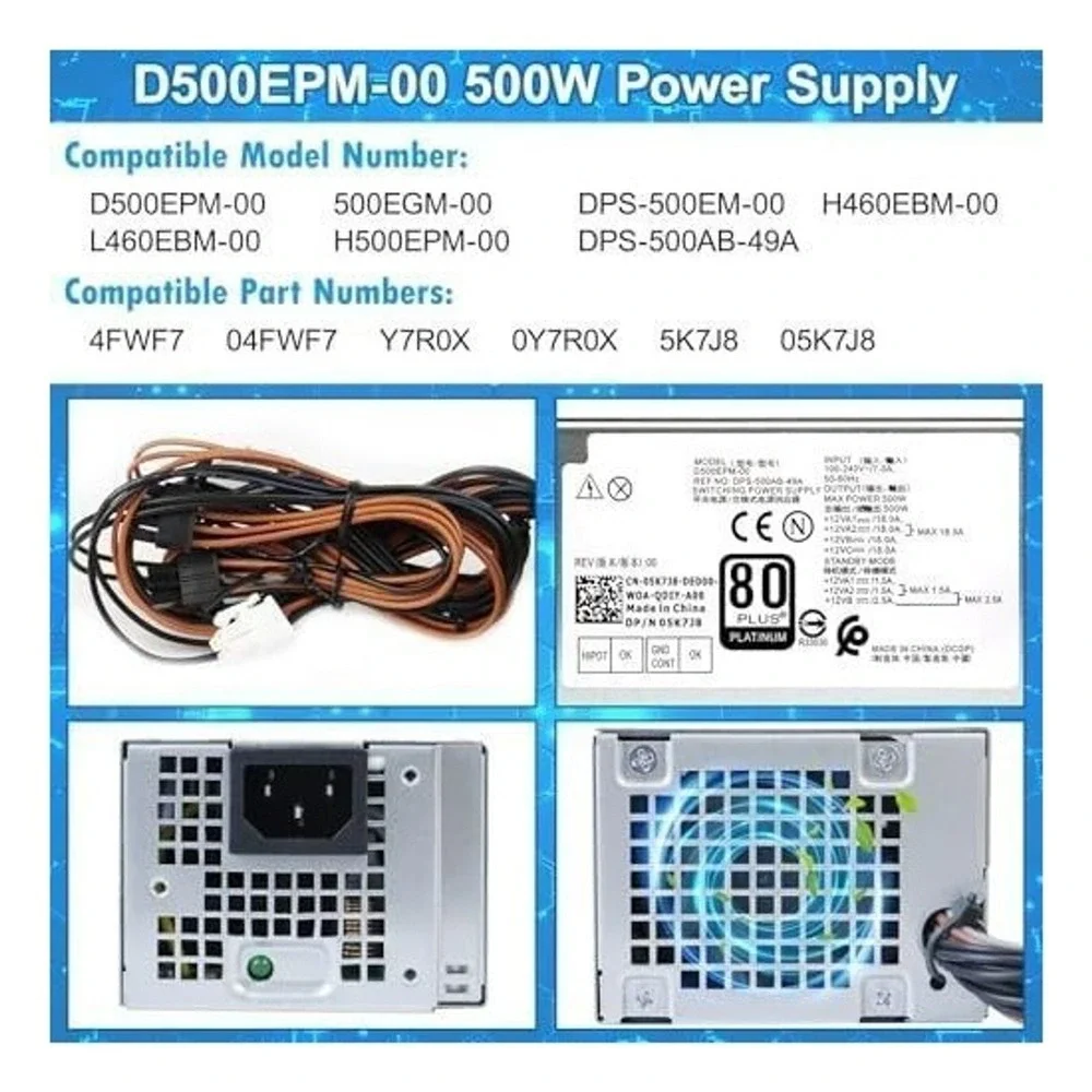 S-Union 500W Power Supply PSU D500EPM-00 80 Plus Platinum for Dell Optiplex XPS